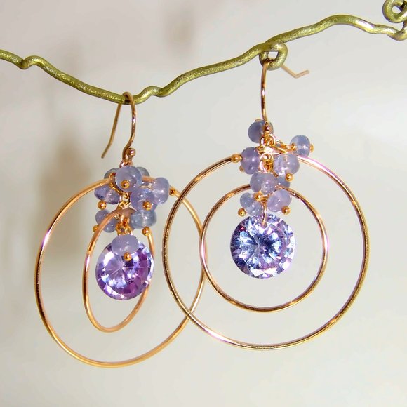 14k Gold Filled Tanzanite Quartz Rondelles Hoop Earrings Gemstone Earrings - Picture 1 of 6